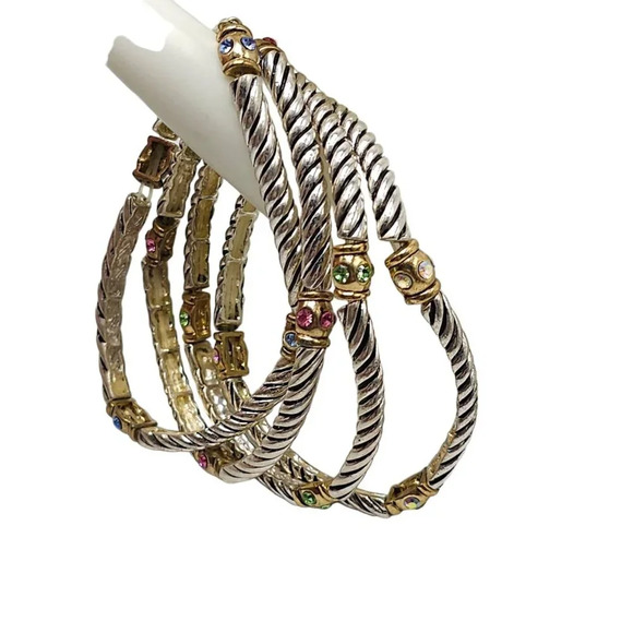 Multicolor Rhinestone Spiral Stretch Bangle Bracelet Set of 4 Gold Tone Vtg - Picture 1 of 5